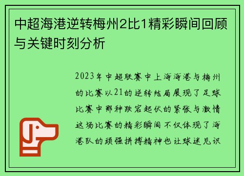 中超海港逆转梅州2比1精彩瞬间回顾与关键时刻分析