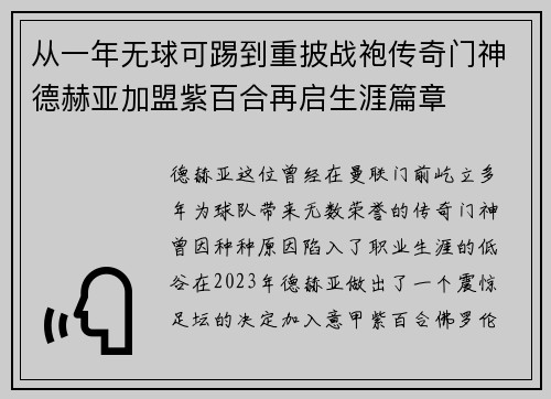 从一年无球可踢到重披战袍传奇门神德赫亚加盟紫百合再启生涯篇章